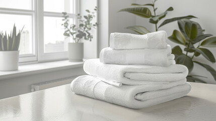 An arrangement of immaculately stacked white towels on a sleek surface in a sunlit room, exuding cleanliness and calm.