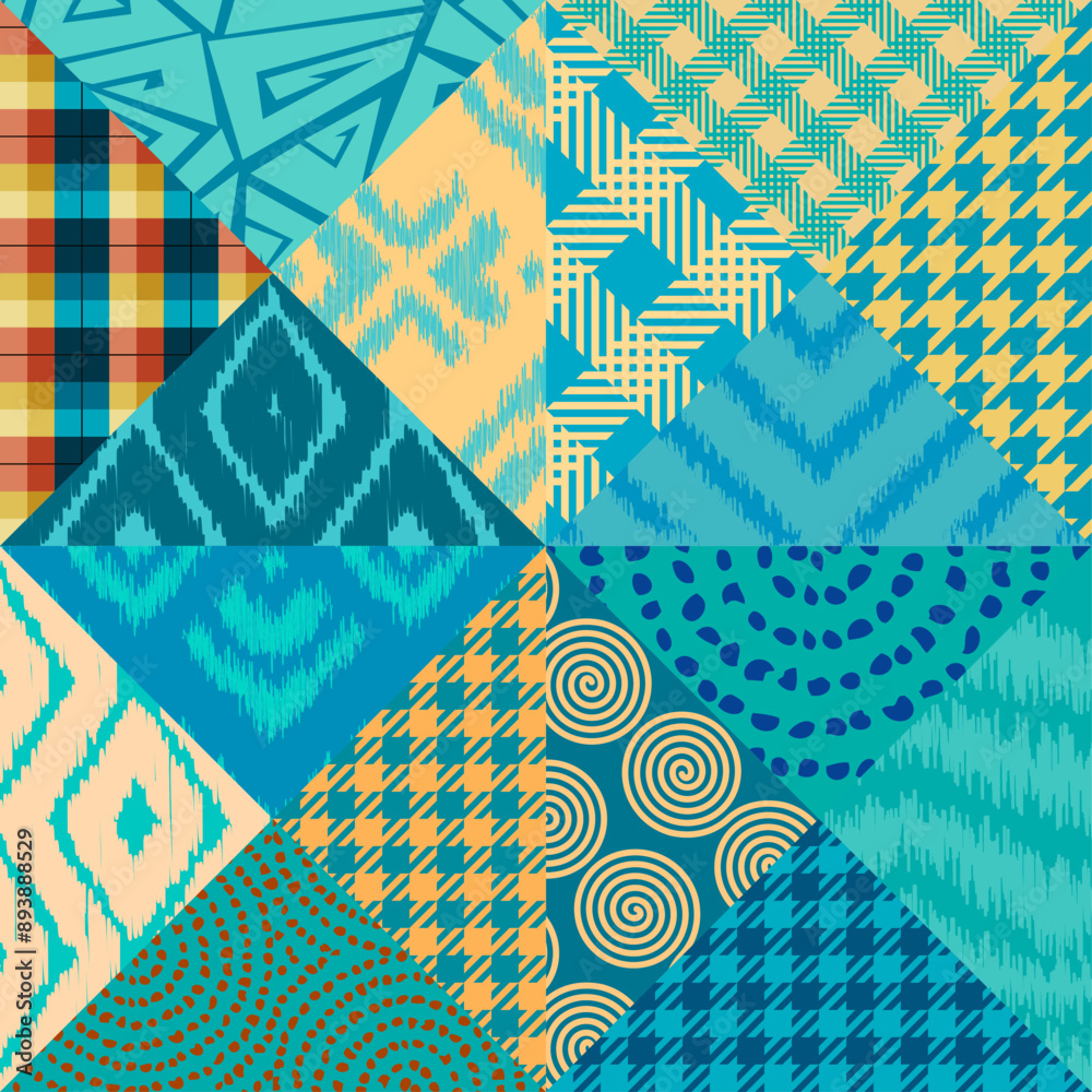 Poster Quilting design patchwork pattern with teal colors. Vector pattern.