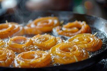 Golden Spirals of Sweet Delight: Traditional Indian Jalebi Frying in Hot Oil