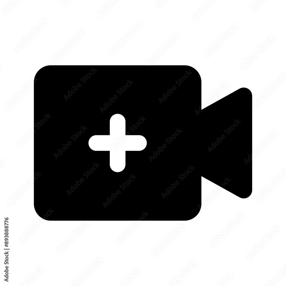 Poster Add new video icon , Camera video icon plus symbol ; create media, meeting room icons ; add video streaming icon or upload movie sign - video camera plus icon