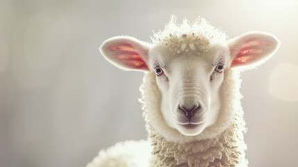 Close-up of a fluffy, white lamb gazing into the camera, capturing innocence and purity under soft, diffused lighting, highlighting its delicate features.