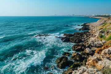 rocky coastline with the sea waves crashing against it, seen from above. The water is deep blue and green