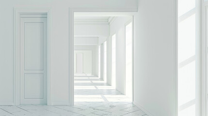 Fototapeta premium A series of bright, white-walled hallways with abundant natural light creating an ethereal and serene atmosphere.