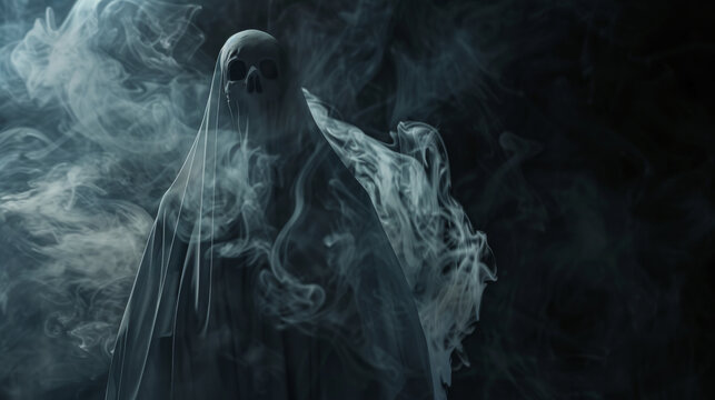 Ghostly figure shrouded in translucent fabric, surrounded by swirling mist against a dark background.