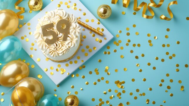 Vibrant birthday card with gold decorations on white board background Festive setting for 59th birthday celebration