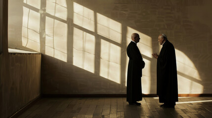 Two silhouetted figures in a dimly lit room engage in a deep conversation, with sunlight streaming through a large grid window, casting dramatic shadows.