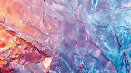 Vibrant abstract of ice, blending fiery oranges with cool blues, depicting an intermingling of heat and cold, light and dark, offering a striking visual contrast.