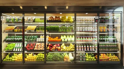 Fototapeta premium Well-stocked supermarket fridge filled with a variety of fresh fruits, vegetables, and beverages, showcasing abundance and health.