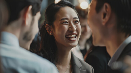 Fototapeta premium A joyful moment captured as a woman laughs heartily among friends in a lively social setting, emphasizing connection and the joy of shared experiences.