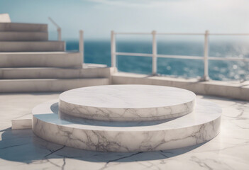 White marble podium with sea view on background High quality photo