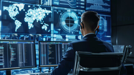 A professional in a high-tech control room meticulously oversees multiple data screens showcasing global information networks and analytic graphs.