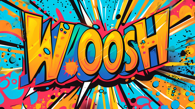 Colorful retro-style pop art images featuring explosive comic book sound effects like "BAM!", "KABOOM", "WOOSH", and "BAAM". Each image showcases vibrant colors, dynamic lines, and graphic elements