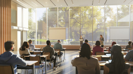 Obraz premium Professionals engage in a conference with large windows flooding the room with natural light, creating an inspiring atmosphere.