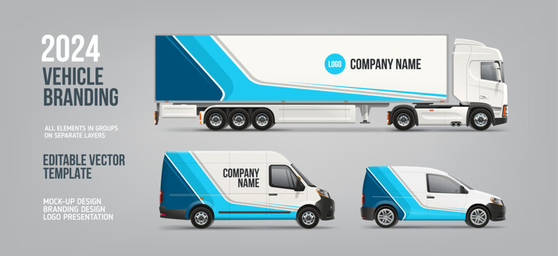 Vehicle branding concept. Realistic vector Van, Trailer Truck mockup side view for branding and corporate identity. Abstract graphics of blue and black stripes on  delivery car 