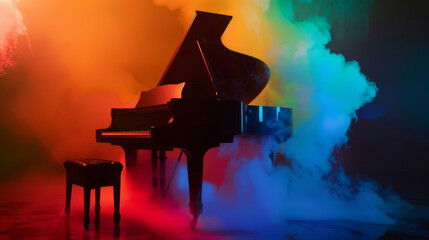 A grand piano enveloped in swirling clouds of colorful smoke, creating a breathtaking fusion of music and visual art.