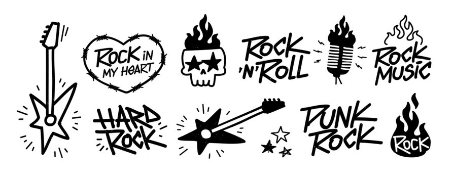 Rock Music Doodle collection with hand drawn typography. Rock n Roll Party elements and signs set of rockers guitar, skull, fire or flame, microphone, etc. Editable vector
