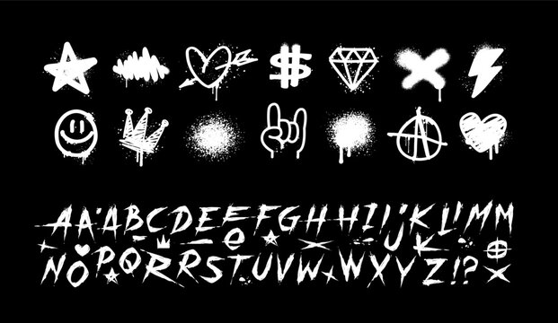 Rock doodle signs of Street Art Graffiti tags: heart, diamond, star, rock, crown - colorful vector on black background. Graffiti and Rock'n'Roll Doodle collection with Font Type in dirty grunge style
