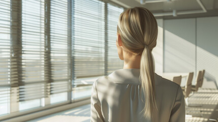 A woman in a sleek office gazes pensively out window blinds, contemplating behind the filtered sunlight of a modern corporate setting.