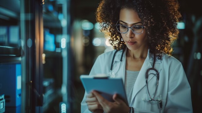 Young female doctor using digital tablet while working late night shift in hospital server room