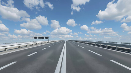 Fototapeta premium An expansive highway stretches into the horizon under a bright blue sky, symbolizing freedom and endless possibilities.