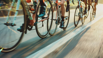 Naklejka premium A dynamic capture of cyclists pedaling in sync on an open road at dawn, emphasizing motion, speed, and the spirit of teamwork.