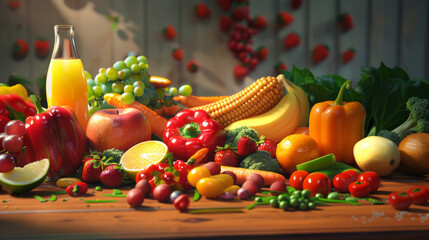 A vibrant and colorful array of fresh fruits and vegetables displayed artistically on a wooden table, with a peaceful background. - Powered by Adobe