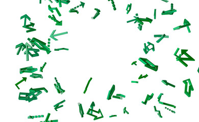 A shower of green arrows against a black background The arrows point in all directions
