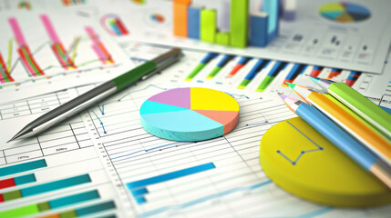 A detailed view of various colorful charts, pens, and pencils scattered across a table, representing business data analysis and planning.