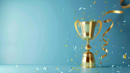 A golden trophy adorned with colorful ribbons and confetti against a blue background, celebrating a moment of victory and achievement.