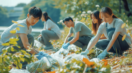 Fototapeta premium People joining forces to clean the park, demonstrating organization and dedication.