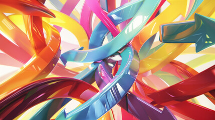 Multi-colored arrows swirl inward, leading to the center with a rich arrangement, radiating energy and a sense of progression in this abstract piece.