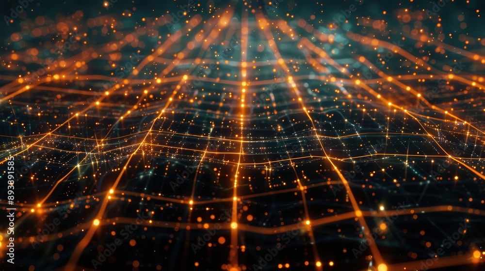 Poster a digital grid with luminous lines and nodes extending into the distance