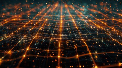 Obraz premium A digital grid with luminous lines and nodes extending into the distance