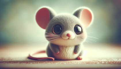 Adorable cartoon mouse with big eyes on a textured surface