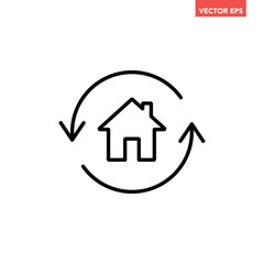 Single black house renovation line icon, simple update home with arrow flat design pictogram vector for app logo ads web webpage button ui ux interface elements isolated on white background