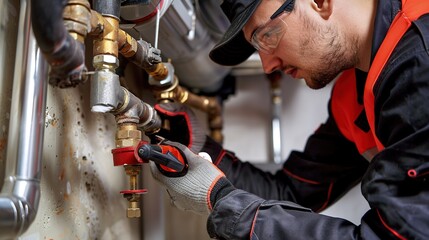 Focused plumber inspecting pipes in a workshop