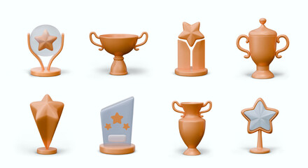 Collection of metal and crystal trophies on white background