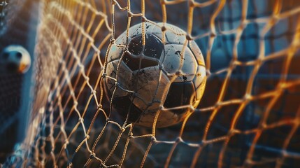 Soccer ball in the goal net. Close-up view
