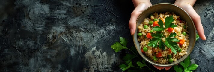 World Hunger day. Hand holding plate of food on a dark background. Horizontal banner. Free space for text. Promoting Global Food Security, Fighting Hunger, food availability
