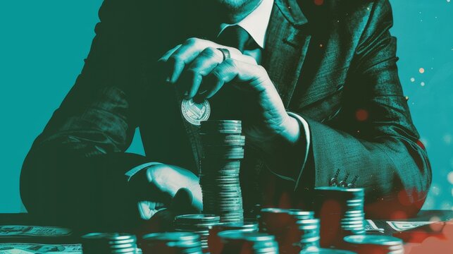 A businessman in a suit carefully places a coin on top of a stack of coins, symbolizing wealth, success, financial growth,  investment, and prosperity. - A businessman in a suit carefully places a coi