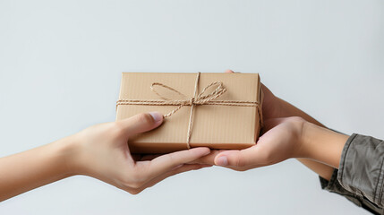 Gift transfer in minimalist craft wrapping, emphasizing simplicity.

