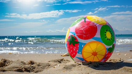 Obraz premium A vibrant beach ball with fruit designs lies on the sandy shore, with the ocean waves gently lapping at the beach in the background. It symbolizes summertime, relaxation, fun, vacation, and beach acti