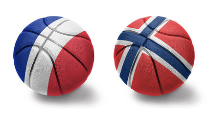 basketball balls with the national flags of norway and france on the white background.