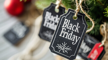 Detailed image of "Black Friday" discount labels on a clean white background, featuring special offers.

