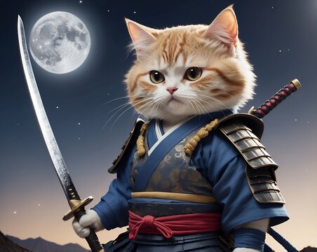 cute kitten samurai wielding a ninja sword