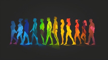A line of diverse people walking in silhouette, each person is filled with a different color of the rainbow, symbolizing unity, diversity, acceptance, progress, and hope. - A line of diverse people wa