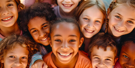 Fototapeta premium Happy portrait of diversity kids. Happiness, diversity and children friends standing, embracing and bonding with smile