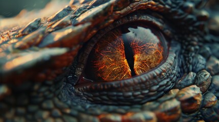 A close-up of a dragon's eye, with a fiery orange iris and a dark, reptilian texture. The image evokes themes of power, danger, and the mysterious world of mythical creatures. - A close-up of a dragon
