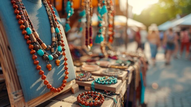 Artisan displaying gemstone necklaces at outdoor market
