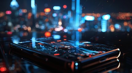 A sleek smartphone, illuminated by neon lights,  rests in a futuristic cityscape.  The phone screen reflects the surrounding environment, symbolizing technology's influence on our lives, urban develop